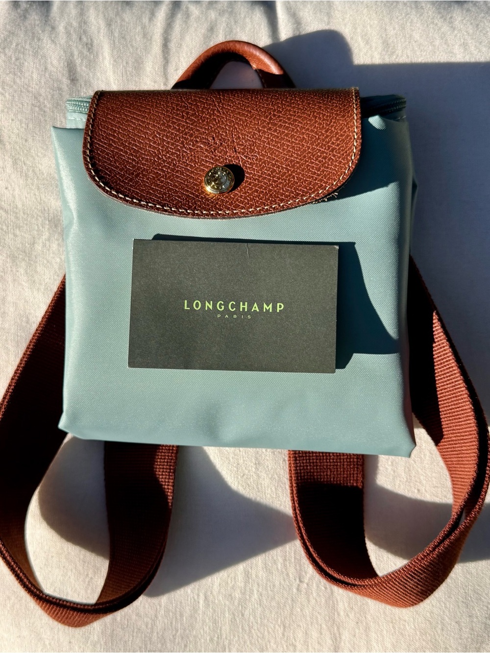 NWT Longchamp Le Pliage Original M Backpack - Celadon Blue Green